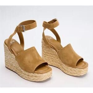 New Marc Fisher LTD Nelly‎ Suede Espadrille Wedge Sandals Ankle Strap Tan 8M